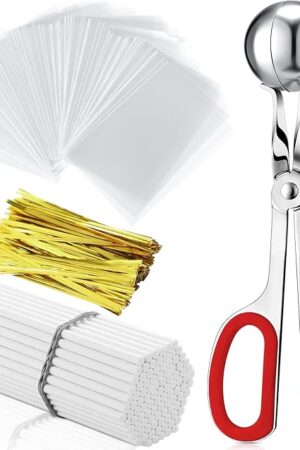 Yinkin Cake Pop Mold Sticks and Wrappers Cake Pop Kit Set Include 100 Parcel Bags 100 Papery Treat Sticks Metallic Twist Ties Scooper Ball Maker Lollipop Tools for Candy Chocolates and Cookies(Red)