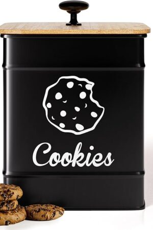 Cookie Jar with Airtight Lid - 1 Gallon - 6"D x 8"H Iron Cookie Tin with Bamboo Lid - Large Cookie Jars with Lids Airtight - Farmhouse Cookie Jars for Kitchen Counter Decorative - Cookies Jar