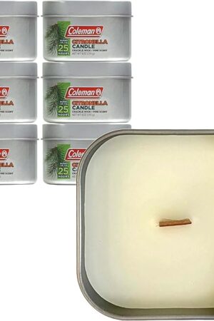 Coleman Pine Scented Citronella Candle with Wooden Crackle Wick, Long-Lasting Outdoor Candle for Campfires, Patios, Picnics, 6 oz Tin, Pack of 6