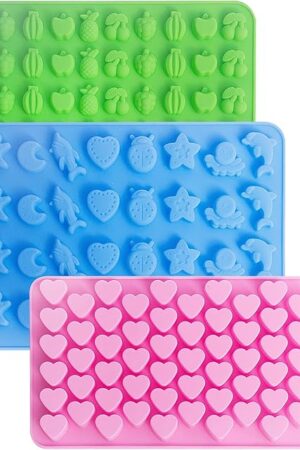 3 Pack Mini Silicone Gummy Candy Chocolate Molds Contains Small Hearts, Fruits, Marine Animal Shapes and 2 Droppers for Making Gummy, Candy, Chocolate and Small Ice Cubes