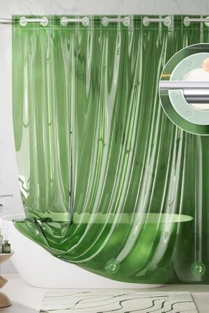 AmazerBath No Hook Shower Curtain Liner, 100% EVA Heavy Duty Hookless Shower Curtain and Liner 3-in-1, 72x75 Luxury Soft Shower Liner with 3 Heavyweight Stones, Clear Green