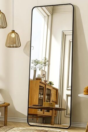 56"x21" Floor Full Length Mirror Standing Full Body Rounded Corner Rectangle Mirrors with Stand Hanging Wall Mounted Leaning Bedroom Living Room Bedroom Cloakroom,Black
