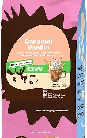 Crazy Cups Decaf Flavored Ground Coffee, Caramel Vanilla, in 10 oz Bag, For Brewing Flavored Hot or Iced Decaf Coffee