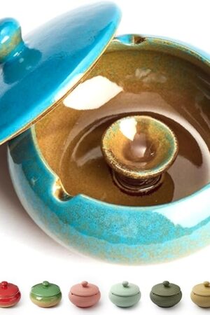 Ashtray with Lid for Outside Patio, Windproof Ash tray, Ceramic Smokeless Ashtray for Outdoor Home Office Tabletop Patio Outdoor Balcony, Blue