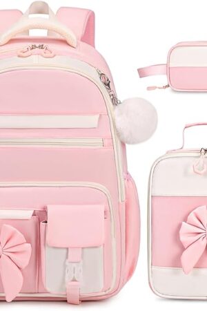 Backpack for Girls, 3PCS Girls Backpack for School with Lunch Bag Pencil Case, Cute Kids Teens Bookbag for Kindergarten Elementary Preschool Middle School (Pink)