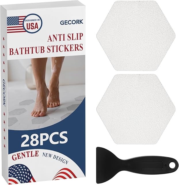 28 PCS Shower Floor Non Slip Stickers with Strong Adhesive, Invisible & Durable Anti Slip Shower Stickers with Scraper for Bath Tub, Pools and Stairs(Clear,Hexagon)
