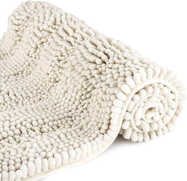 Bath Mat for Bathroom Ultra-Soft Machine Washable Rugs for Shower Room with Non-Slip Backing Shaggy Absorbent Luxury Chenille Bath Rug Perfect for Tub Sink Bedroom Door (16"x24", Ivory White)