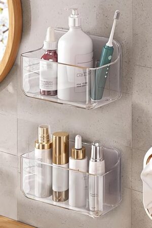 2pc Acrylic Wall Mount Organizer, Adhesive Clear Cabinet Door Organizer,Acrylic Shelves for Wall,No Drilling Hang Walls,with Self Adhesive Tape, for Bathroom, Kitchen, Living Room