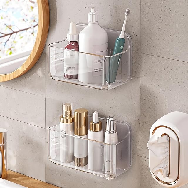 2pc Acrylic Wall Mount Organizer, Adhesive Clear Cabinet Door Organizer,Acrylic Shelves for Wall,No Drilling Hang Walls,with Self Adhesive Tape, for Bathroom, Kitchen, Living Room