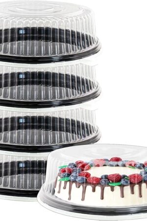 12" [5 Pack] Round Cake Pies Carriers, Black Serving Tray with Clear Lid, Disposable Cake Containers with Dome Lids Dessert Sandwich Trays for Party