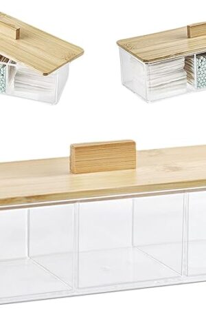 Clear Bathroom Dresser Organizer - Cotton Ball Swab Holder with 3 Divided Compartments&Lid, Waterproof Transparent Small Plastic Storage Containers, Vanity Makeup Organization