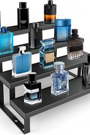 Wood Cologne Organizer for Men,12 Inch 4 Tier Cologne Stand Waterproof Perfume Organizer for Dresser with Anti-Slip Washers,Wooden Display Risers Stand for Party,Makeup,Figures,Cupcake,Perfume,Dessert