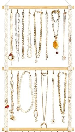Dahey Hanging Jewelry Organizer Macrame Necklace Holder with 30 Hooks Wall Mounted Jewelry Hanger Over Door Necklace Rack with Tassel for Necklace Bracelet Earring Headband Bow Organizer
