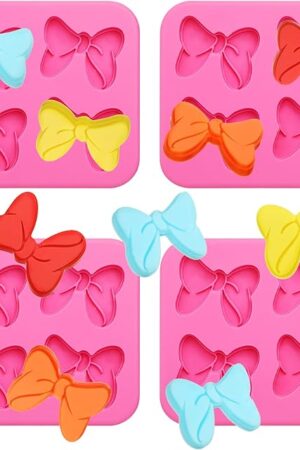 Cunhill 4 Hole Bow Chocolate Silicone Mold 4 Pcs Bow Fondant Mini Cartoon Butterfly Tie Cake Molds for Baking Cupcake Soap Cookie Clay Decoration