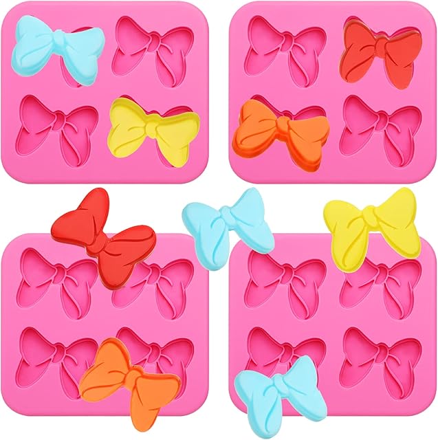 Cunhill 4 Hole Bow Chocolate Silicone Mold 4 Pcs Bow Fondant Mini Cartoon Butterfly Tie Cake Molds for Baking Cupcake Soap Cookie Clay Decoration