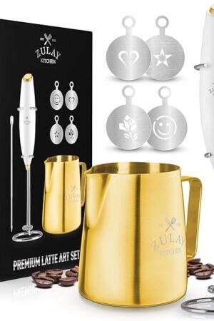 ZK Milk Frother Pitcher Stencil Stirrer Set - White Gold