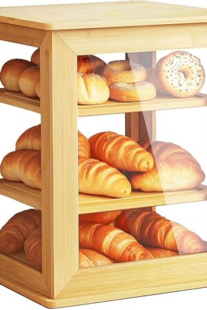 Bread Box,Pastry Display Case,Bread Holder for Kitchen Counter, Wooden Large Capacity Bread Storage Bin Breadbox Organizer for Kitchen Counter Corner（Raw wood）