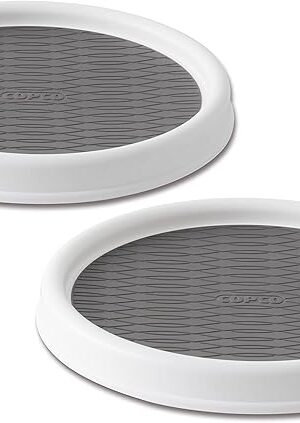 Copco 9 Inch Non Skid Pantry Cabinet Lazy Susan Turntable, Set of 2, Spinning Organizer for Kitchen, Countertop, or Bathroom, White and Gray