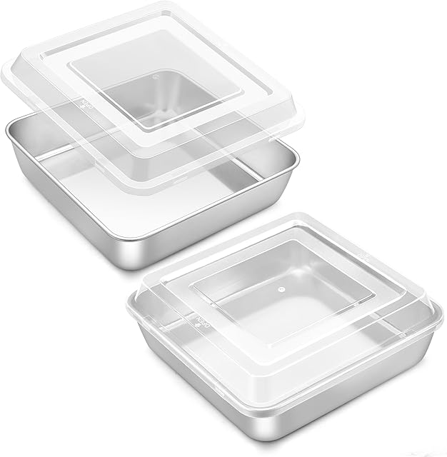 9x9 Inch Baking Pan with Lid Set, Stainless Steel Square Cake Brownie Pan, 4 Pieces - 2 Pan & 2Lids
