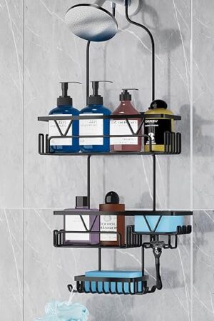 Black Shower Caddy Hanging Anti-Swing - 3 Tier Bathroom Organizer With 4 Baskets, Soap Holders, Multi Hooks, Rustproof Shower Head Rack, Stainless Steel