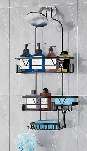 Black Shower Caddy Hanging Anti-Swing - 3 Tier Bathroom Organizer With 4 Baskets, Soap Holders, Multi Hooks, Rustproof Shower Head Rack, Stainless Steel