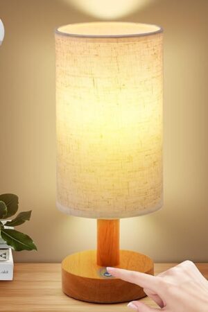 Cordless Table Lamp, 2200mAh Battery Operated Desk Lamp, Touch Bedside Lamps for Night Stands, Warm Light Mini Boho Lamp, Wood Base Round Flaxen Fabric Shade for Living Room,LED Bulb Included (Beige)
