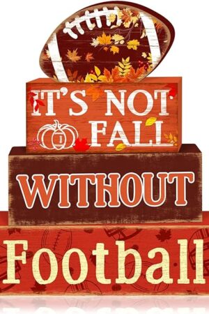 Britimes 4 Pcs Fall Football Decor Wooden Tiered Tray Decorations Set Game Day Stack Block Signs Pumpkin Leaf Farmhouse Rustic Fall Table Decor for Home Office