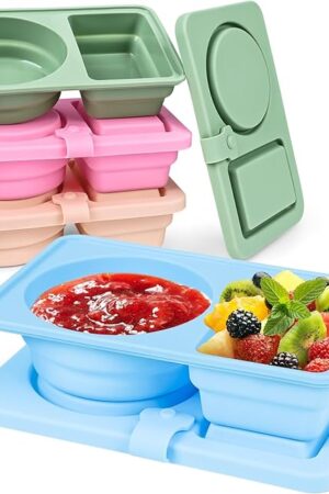 4-Pack Silicone Reusable Snack Containers with Lids | Double Compartment Leak-Proof Bento Boxes for Sauce, Condiments & Fruits, Portable Small Food Storage Containers for Office, Travel, Picnic