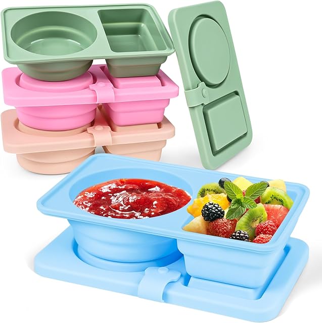 4-Pack Silicone Reusable Snack Containers with Lids | Double Compartment Leak-Proof Bento Boxes for Sauce, Condiments & Fruits, Portable Small Food Storage Containers for Office, Travel, Picnic