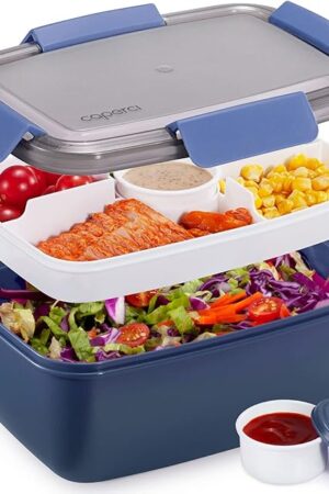 Caperci Large Salad Container Bowl for Lunch - Better Adult Bento Lunch Box 68 oz, 5-Compartment Tray, 2pcs 3-oz Sauce Cups, Stackable, BPA-Free (Navy)