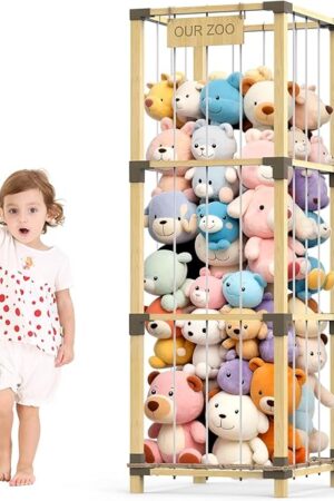 200L Stuffed Animal Zoo Storage, 3-Tier Extra Large Stuffed Animal Holder, Solid Bamboo Plushies Storage Tower with Mesh Pocket and Elastic Cords, Space Saver for Nursery Playroom Bedroom