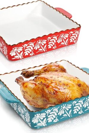 2 Pack Ceramic Baking Dish, 9 x 9 inch Porcelain Square Bakeware with Double Handle, Lasagna Pan Bakeware Baking Dishes for Cooking, Cakes, Roasting Family Dinner