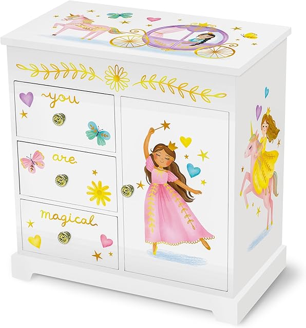 Princess Musical Jewelry Box for Girls - Kids Music Box with Drawers, Fairytale Gifts for Girls Birthday, Princess Jewelry Boxes for Ages 3-10 - 9 x 5 x 9.3 in, White