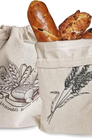 2 Pack of Reusable Bread Bags, Natural Linen Bag for Homemade Bread, Reusable Bags with Liner, Drawstring Linen Bag for Sourdough Storage (15.7" x12")