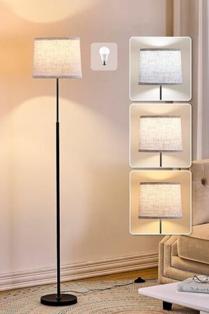 60" Modern Floor Lamp for Living Room Bedroom, Standing Lamp with Oatmeal Linen Lampshade, Tall Lamp with A19 9W 3 Color Temperature Bulb, Foot Switch Control, Black