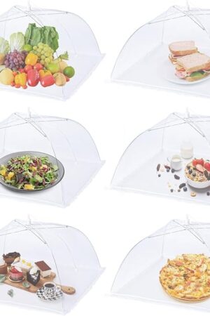 6 Pack Mesh Food Covers,17"Lx17"W Large Food Cover,White Nylon Covers,Pop-Up Serving Dish Covers Tent Umbrella,for Patio Net for Outdoor Camping, Picnics, Parties,BBQ,Collapsible and Reusable