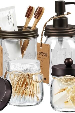 Amolliar Mason Jar Bathroom Accessories Set (4 Pcs) - Lotion Soap Dispenser & 2 Cotton Swab Holder & Toothbrush Holder-Rustic Farmhouse Decor, Countertop Vanity Organize, Bathroom Home Decor (Bronze)