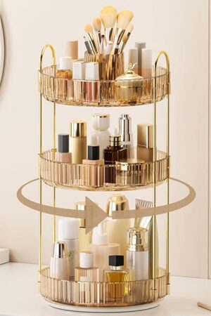 360° Rotating Makeup Organizer, Upgraded 3 Tier Skincare Perfume Organizers for Women, Bathroom Organizer Countertop, Clear Cosmetic Dresser Organizer with Makeup Brush Holder, Sink&Counter(Amber)
