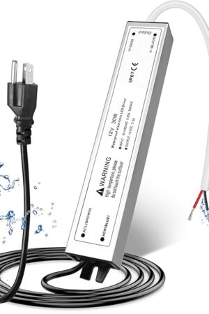 12V 30W LED Power Supply, IP67 Waterproof 12V LED Driver Transformer Adapter 110V AC to 12V DC Low Voltage Output with 3-Prong Plug 3.3 Feet Cable for LED Strip Lighting, Outdoor Use