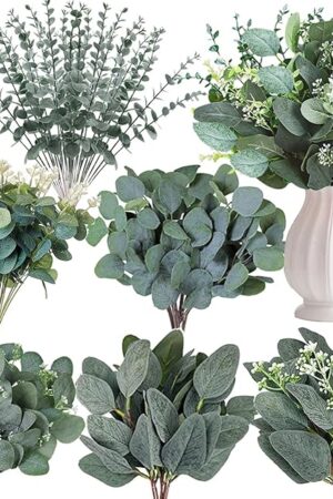 120 Pcs 6 Kinds Mixed Eucalyptus Leaves Stems Bulk Artificial Silver Dollar Eucalyptus Leaves Picks Dried Eucalyptus Bundle Faux Spray for Wedding Vase Bouquet Floral Arrangement Decor
