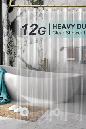 AmazerBath Heavy Duty Shower Curtain Liner 12 Gauge, 72 x 72 Inches Clear Shower Curtain Liner with 3 Clear Stones and 12 Grommet Holes, Weighted Plastic Shower Liner