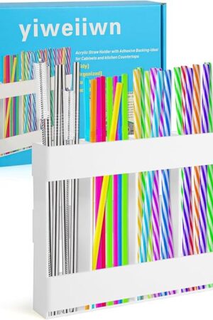 Acrylic straw holder with double-sided tape,cabinet straw organizer,Straws dispenser,suitable for cabinets and kitchen countertops (white)