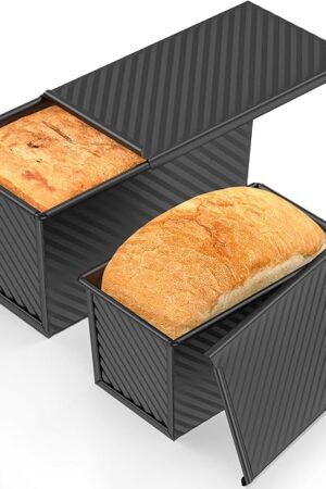 2 PCS Pullman Loaf Pan with Lid, 1.2Lb & 0.67 Lb Dough Capacity Non-Stick Bread Pans for Homemade Bread, Carbon Steel Bread Loaf Pans, Bakeware for Baking Sandwich and Toast, Black