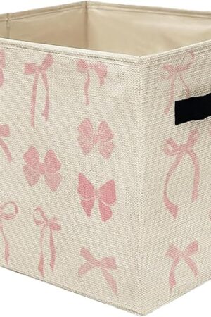 Coquette Pink Bow Storage Bins Box, Toybox for Girls, Preppy Girly Bow Aesthetic Foldable Storage Baskets Organizer for Bedroom Bathroom Girls Room Dorm Clothes Toys Books