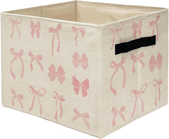 Coquette Pink Bow Storage Bins Box, Toybox for Girls, Preppy Girly Bow Aesthetic Foldable Storage Baskets Organizer for Bedroom Bathroom Girls Room Dorm Clothes Toys Books