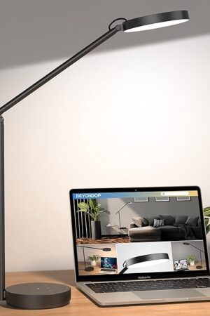 Desk Lamps for Home Office with Stable Base, Adjustable Swing Arm Table Lamp, Eye Caring Lamp for Reading, Work, Bedroom, Bedside, Memory Light Dimmable with 3-Color Modes & 9-Brightness