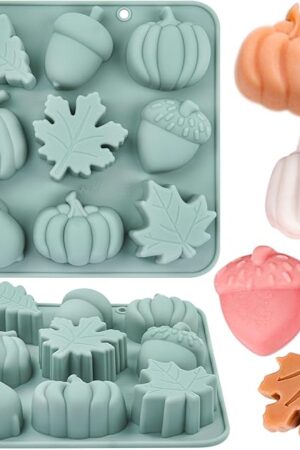 2 Pack 3D Pumpkin Silicone Mold Fall Silicone Mold Halloween Thanksgiving Candy Mold Autumn Maple Leaf Acorn Chocolate Cake Pan Baking Molds for Harvest Theme Cupcake Ice Cube Soap Making (Grey-B)