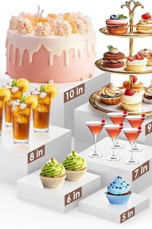 6Pcs Buffet Risers,Food Risers for Buffet Table Display Stand Shelf for Party Catering Dessert Collectibles Acrylic Cube Boxes Display with Hollow Bottoms White Set (Size 5",6",7",8",9",10")