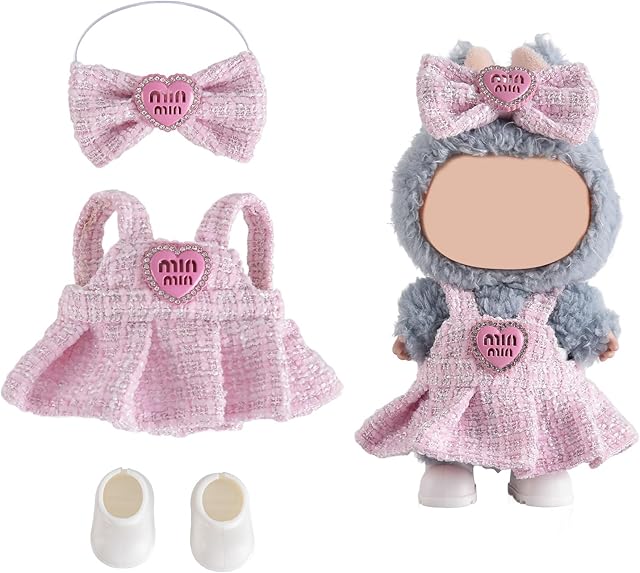 The Doll Clothes Set for LABUBU, Beautiful Outfits Suits Optimal for Your 5.9-6.7in Dolls Dressing Up, BubuDoll Clothing Accessories with Random Color Rain Boots(Pink Dress Suit with Bow)