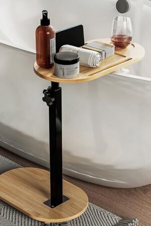 Bamboo Bathtub Tray Table with Adjustable Height, Freestanding Bath Caddy Tray for Tub Against Wall, Bathtub Side Table for Luxury Bath Home Spa Homewarming - Patent Protected (Natural)
